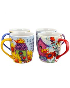 Gibson Birdhouse Floral 18 oz Cup Set, Set of 4 Assorted Designs