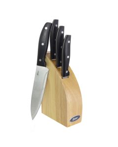 Oster Granger 5 Piece Stainless Steel Cutlery Knife Set with Half Moon Natural Wood Block
