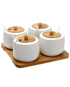 Elama Ceramic Spice, Jam and Salsa Jars with Bamboo Lids &amp; Serving Spoons