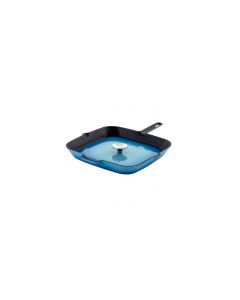MegaChef 14 Inch Square Enamel Cast Iron Grill Pan with Matching Grill Press in Blue with Press