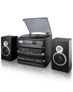 Trexonic 3-Speed Turntable With CD Player, Dual Cassette Player, BT, FM Radio &amp; USB/SD Recording and Wired Shelf Speakers